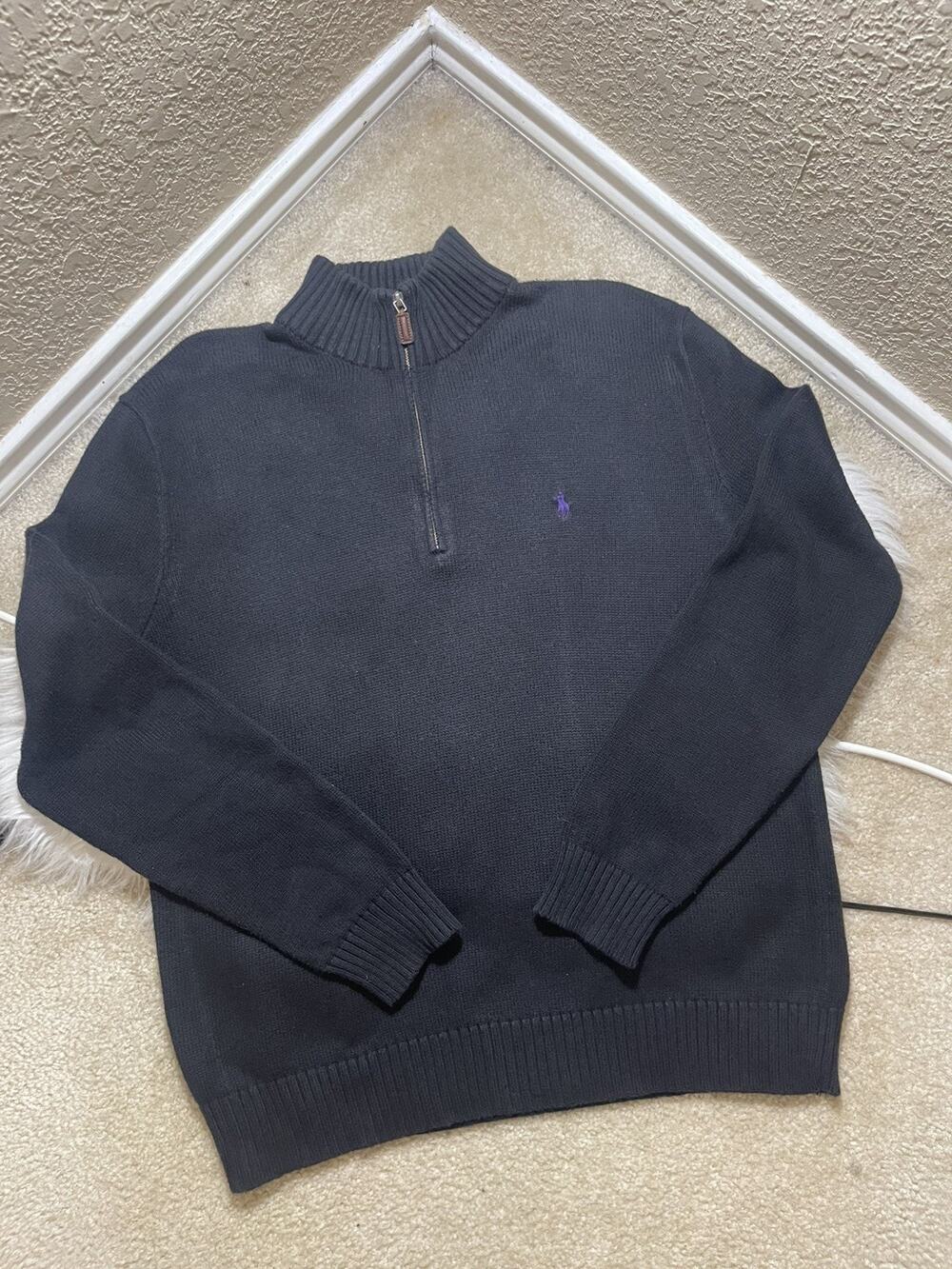 Polo Ralph Lauren Men's Black Knit 1/4 Zip Sweater Purple Logo XL